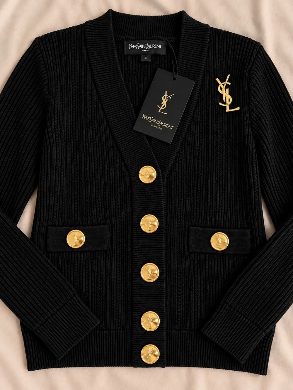 Yves Saint Laurent YSL Black Ribbed Knit Gold Logo Cardigan S